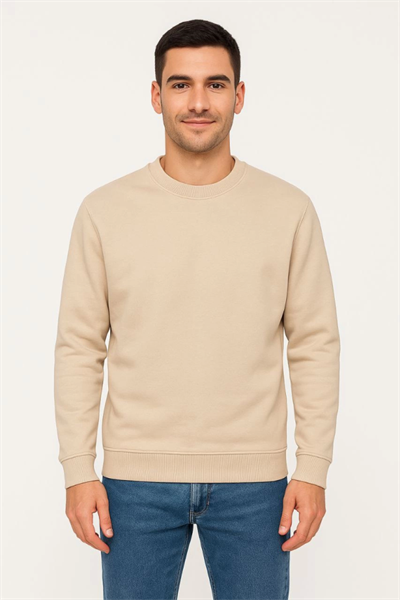 Erkek Üç İplik Düz Bisiklet Yaka SweatShirt - Bej