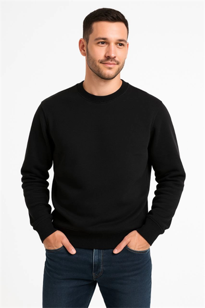 Erkek Üç İplik Düz Bisiklet Yaka SweatShirt - Siyah