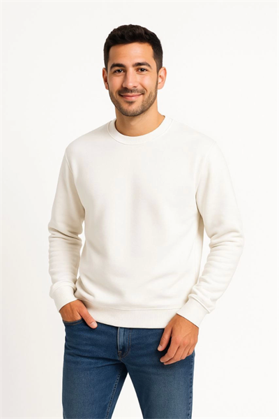 Erkek Üç İplik Düz Bisiklet Yaka SweatShirt - Beyaz