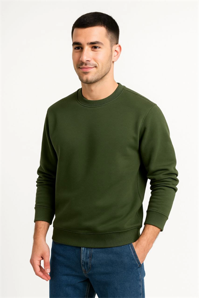 Erkek Üç İplik Düz Bisiklet Yaka SweatShirt - Haki