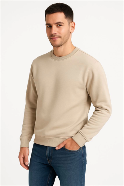 Erkek Üç İplik Düz Bisiklet Yaka SweatShirt - Bej