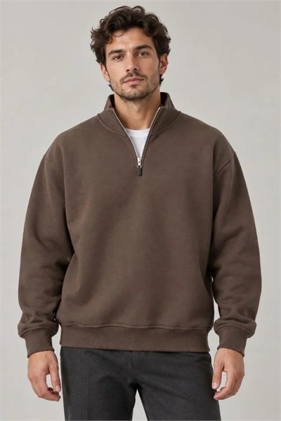 Erkek Üç İplik İçi Şardonlu Dik Yaka Yarım Fermuarlı Kışlık Sweatshirt - Kahverengi
