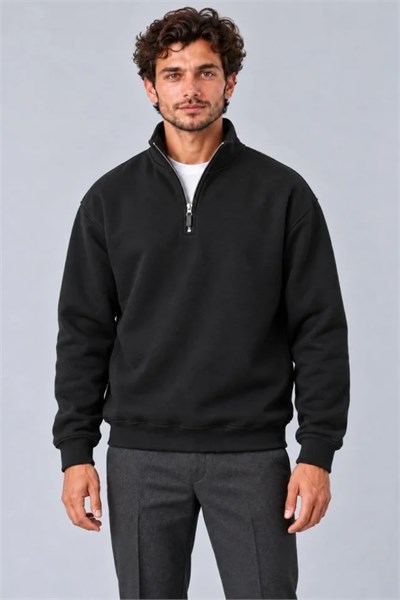 Erkek Üç İplik İçi Şardonlu Dik Yaka Yarım Fermuarlı Kışlık Sweatshirt - Siyah