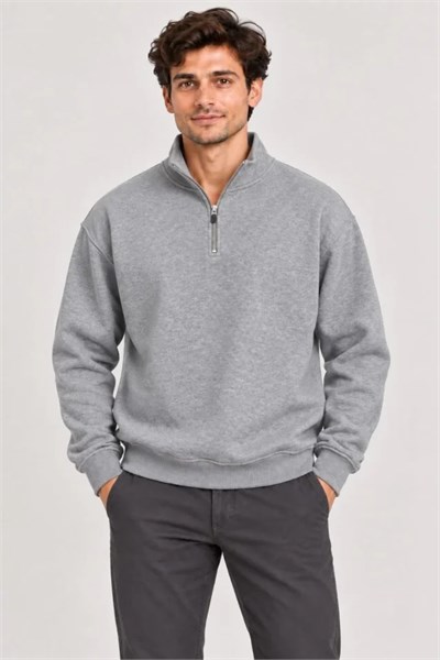 Erkek Üç İplik İçi Şardonlu Dik Yaka Yarım Fermuarlı Kışlık Sweatshirt - Grİ