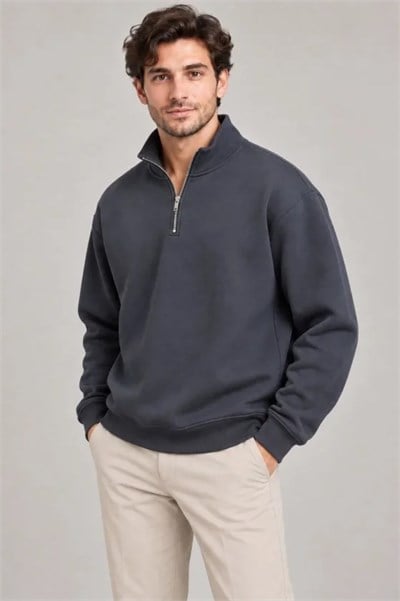 Erkek Üç İplik İçi Şardonlu Dik Yaka Yarım Fermuarlı Kışlık Sweatshirt - Füme