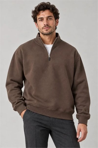 Erkek Üç İplik İçi Şardonlu Dik Yaka Yarım Fermuarlı Kışlık Sweatshirt - Kahverengi