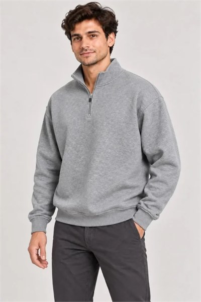 Erkek Üç İplik İçi Şardonlu Dik Yaka Yarım Fermuarlı Kışlık Sweatshirt - Grİ