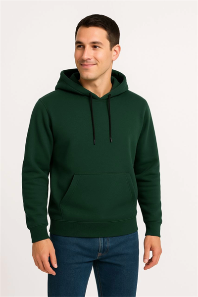 Erkek Üç İplik Kapüşonlu Kanguru Cepli SweatShirt Hoodie - Haki