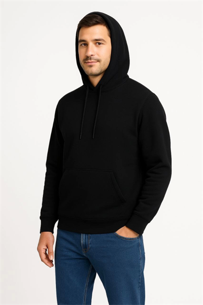 Erkek Üç İplik Kapüşonlu Kanguru Cepli SweatShirt Hoodie - Siyah