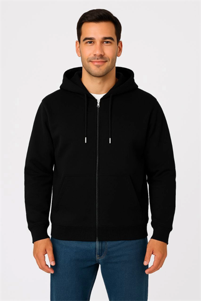 Erkek Üç İplik Kapüşonlu Tam Fermuarlı Kanguru Çepli SweatShirt Hoodie - Siyah