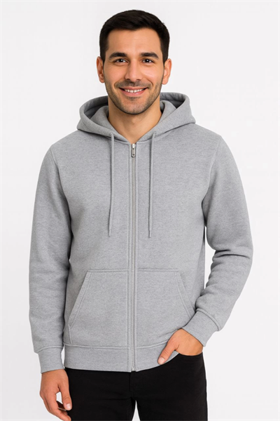Erkek Üç İplik Kapüşonlu Tam Fermuarlı Kanguru Çepli SweatShirt Hoodie - Gri