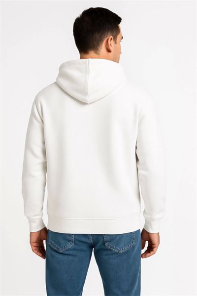 Erkek Üç İplik Kapüşonlu Tam Fermuarlı Kanguru Çepli SweatShirt Hoodie - Beyaz