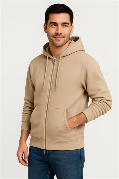 Erkek Üç İplik Kapüşonlu Tam Fermuarlı Kanguru Çepli SweatShirt Hoodie - Bej