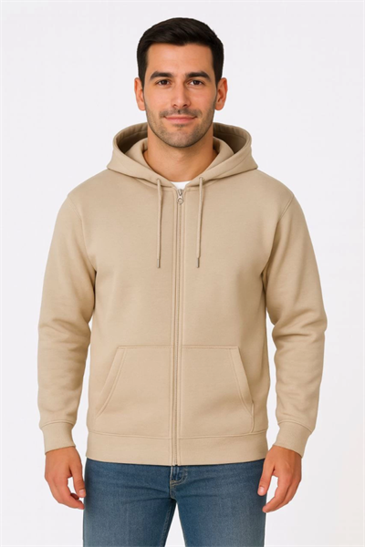 Erkek Üç İplik Kapüşonlu Tam Fermuarlı Kanguru Çepli SweatShirt Hoodie - Bej