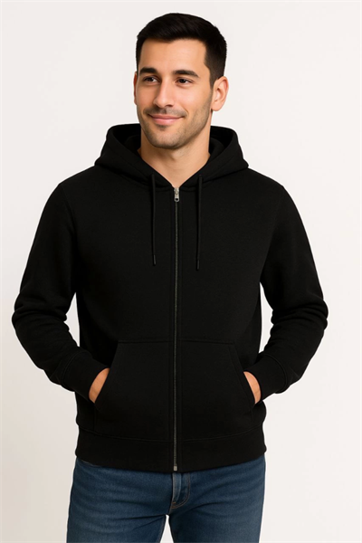 Erkek Üç İplik Kapüşonlu Tam Fermuarlı Kanguru Çepli SweatShirt Hoodie - Siyah