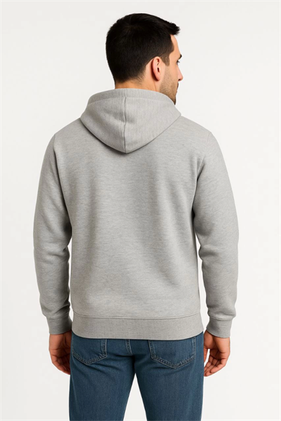 Erkek Üç İplik Kapüşonlu Tam Fermuarlı Kanguru Çepli SweatShirt Hoodie - Gri