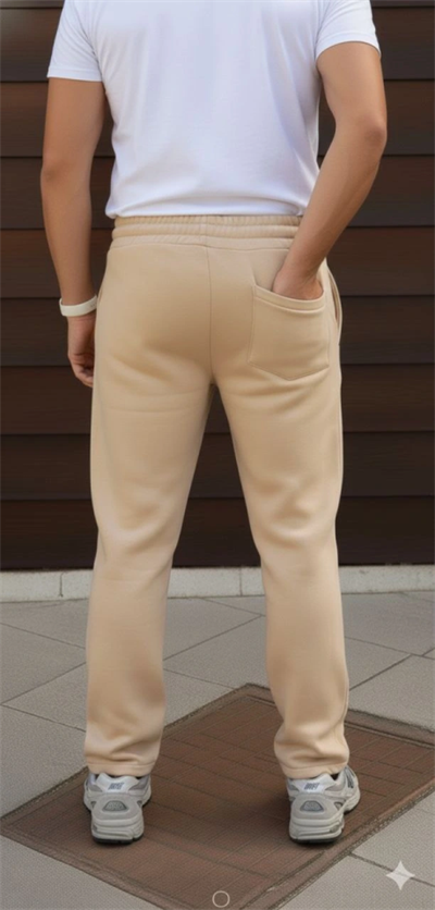 Erkek Üç Iplik Kışlık Pamuklu Ovarsize Bağcıklı Düz Paça Cepli Eşofman Altı Spor Rahat Model - Bej