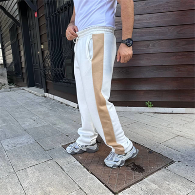 Erkek Üç İplik Kışlık Pamuklu Yandan Garneli Kalın Bej Şeritli Cepli Eşofman Altı - Beyaz