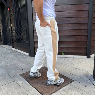 Erkek Üç İplik Kışlık Pamuklu Yandan Garneli Kalın Bej Şeritli Cepli Eşofman Altı - Beyaz