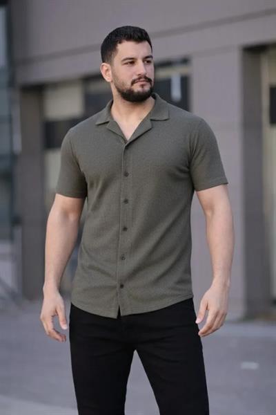 Erkek Waffle Kumaş Kısa Kollu Düğmeli Açık Yaka Regular Fit Gömlek - Haki