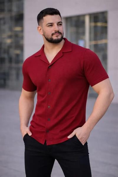 Erkek Waffle Kumaş Kısa Kollu Düğmeli Açık Yaka Regular Fit Gömlek - Kırmızı