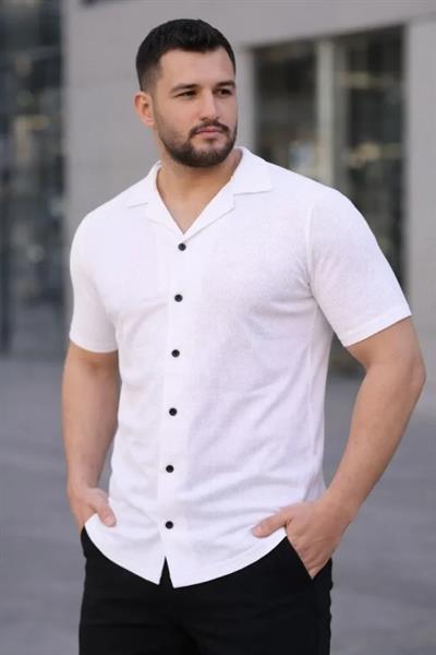 Erkek Waffle Kumaş Kısa Kollu Düğmeli Açık Yaka Regular Fit Gömlek - Beyaz