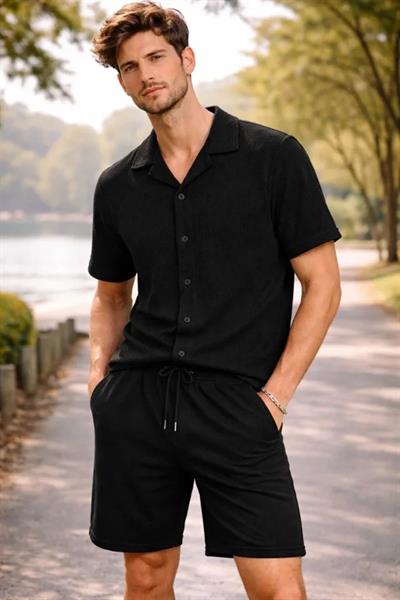 Erkek Waffle Kumaş Kısa Kollu Gömlek Şort Takım Regular Fit Yazlık İkili Set - Siyah