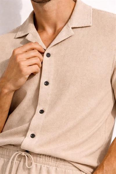 Erkek Waffle Kumaş Kısa Kollu Gömlek Şort Takım Regular Fit Yazlık İkili Set - Bej