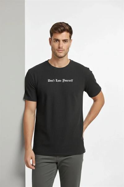 Erkek Wafıl Kumaş Tişört Regular Kalıp Bisiklet Yaka Baskılı Günlük Basic T-Shirt - Siyah