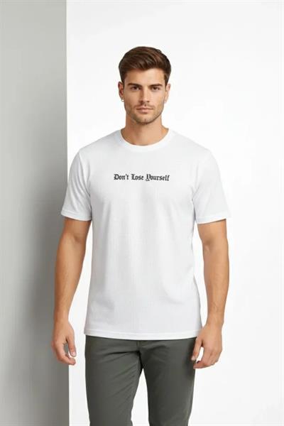 Erkek Wafıl Kumaş Tişört Regular Kalıp Bisiklet Yaka Baskılı Günlük Basic T-Shirt - Beyaz