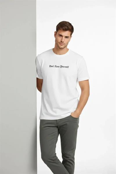 Erkek Wafıl Kumaş Tişört Regular Kalıp Bisiklet Yaka Baskılı Günlük Basic T-Shirt - Beyaz