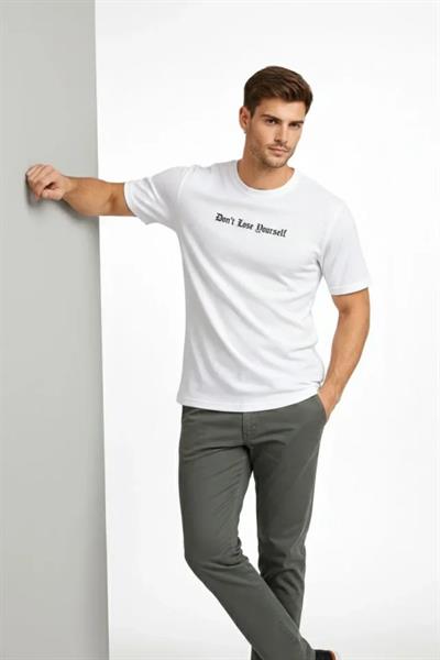 Erkek Wafıl Kumaş Tişört Regular Kalıp Bisiklet Yaka Baskılı Günlük Basic T-Shirt - Beyaz