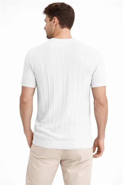 Erkek Yazlık Fitilli Triko Tişört Kısa Kol Bisiklet Yaka T-Shirt - Beyaz