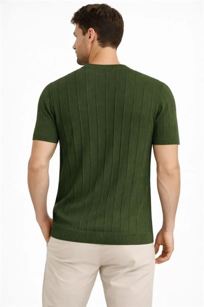 Erkek Yazlık Fitilli Triko Tişört Kısa Kol Bisiklet Yaka T-Shirt - Haki