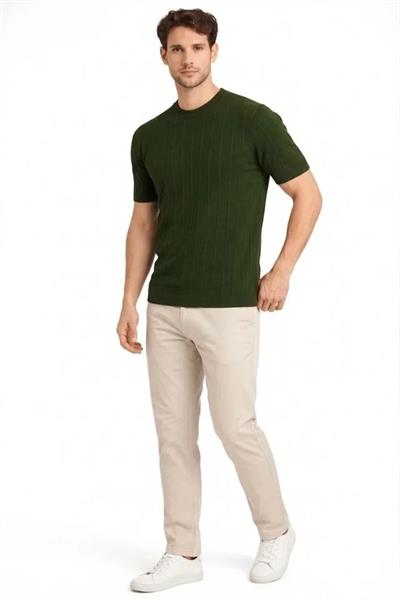 Erkek Yazlık Fitilli Triko Tişört Kısa Kol Bisiklet Yaka T-Shirt - Haki