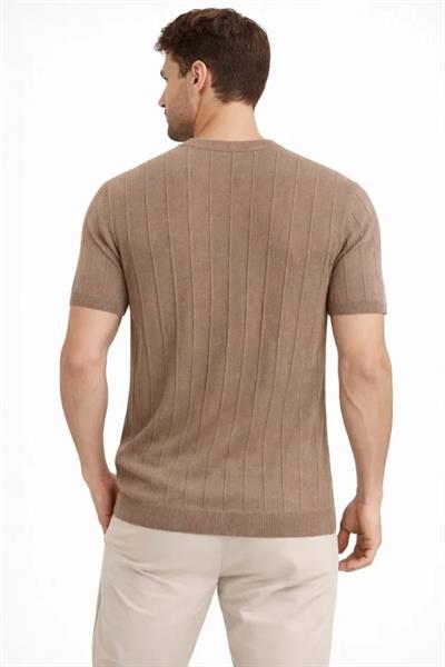 Erkek Yazlık Fitilli Triko Tişört Kısa Kol Bisiklet Yaka T-Shirt - Kahverengi