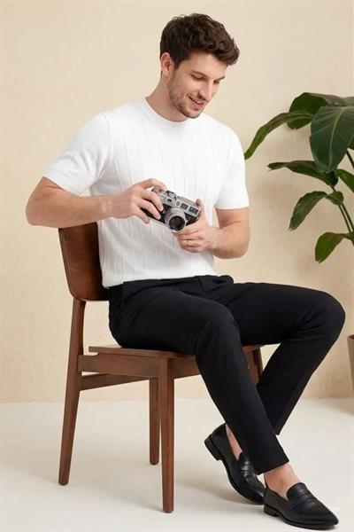 Erkek Yazlık Fitilli Triko Tişört Kısa Kol Bisiklet Yaka T-Shirt - Beyaz