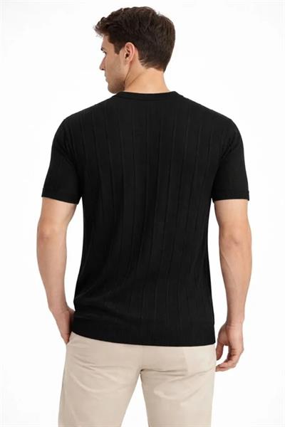 Erkek Yazlık Fitilli Triko Tişört Kısa Kol Bisiklet Yaka T-Shirt - Siyah