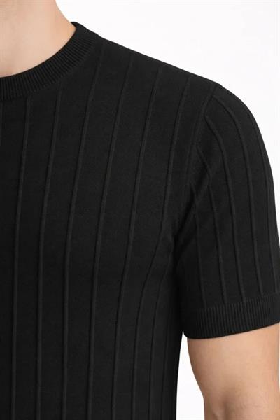 Erkek Yazlık Fitilli Triko Tişört Kısa Kol Bisiklet Yaka T-Shirt - Siyah