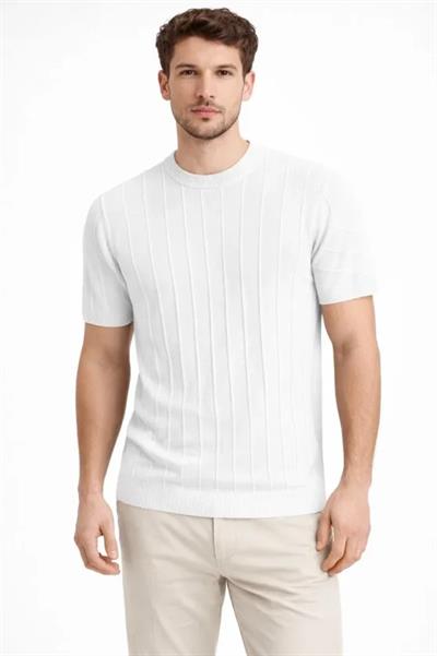 Erkek Yazlık Fitilli Triko Tişört Kısa Kol Bisiklet Yaka T-Shirt - Beyaz