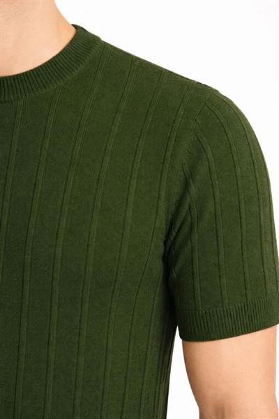 Erkek Yazlık Fitilli Triko Tişört Kısa Kol Bisiklet Yaka T-Shirt - Haki