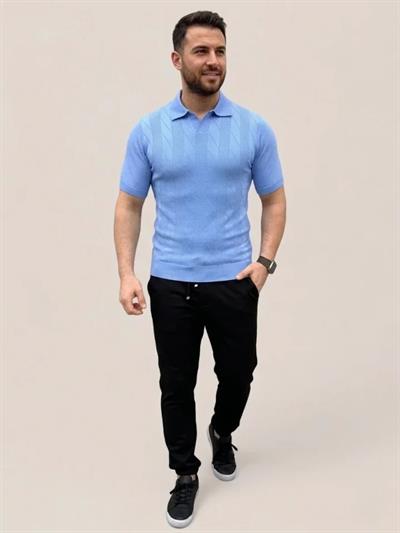 Erkek Yazlık Triko Dokuma Tişört Kısa Kol Polo Yaka T-Shirt - Bebek Mavisi
