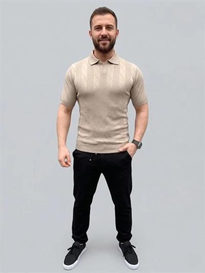 Erkek Yazlık Triko Dokuma Tişört Kısa Kol Polo Yaka T-Shirt - Bej