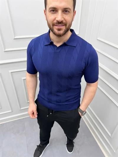 Erkek Yazlık Triko Dokuma Tişört Kısa Kol Polo Yaka T-Shirt - Lacivert