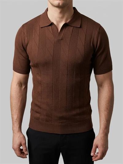 Erkek Yazlık Triko Dokuma Tişört Kısa Kol Polo Yaka T-Shirt - Kahverengi