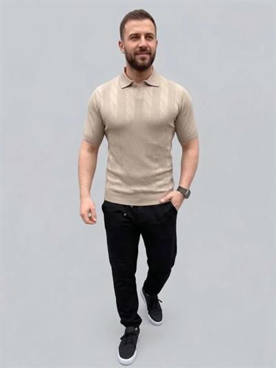 Erkek Yazlık Triko Dokuma Tişört Kısa Kol Polo Yaka T-Shirt - Bej