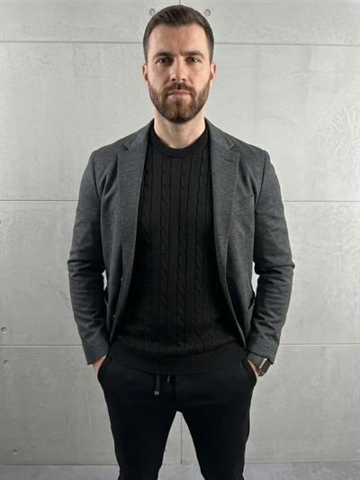 Erkek Yazlık Triko Dokuma Tişört Kısa Kol Bisiklet Yaka Örgü Desenli T-Shirt - Siyah