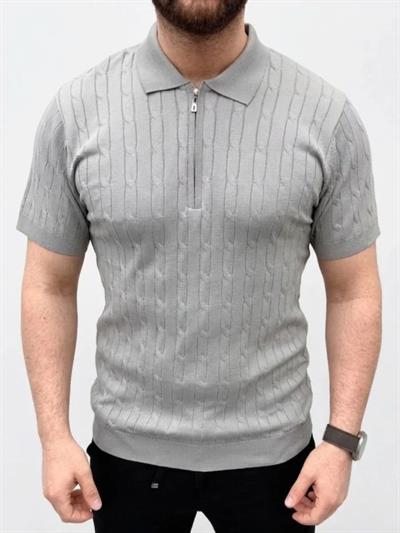 Erkek Yazlık Triko Saç Örgü Tişört Kısa Kol Polo Yaka Fermuarlı T-Shirt - Gri