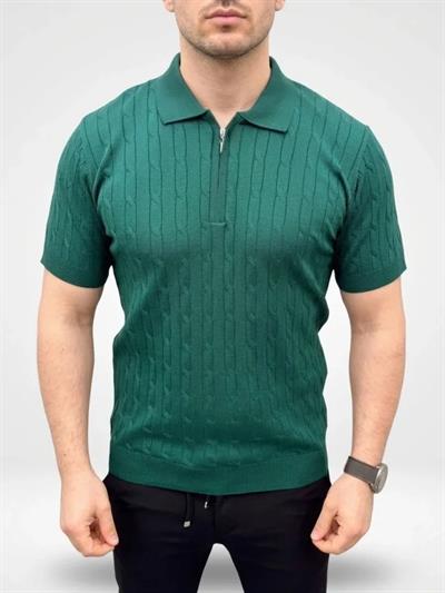 Erkek Yazlık Triko Saç Örgü Tişört Kısa Kol Polo Yaka Fermuarlı T-Shirt - Haki
