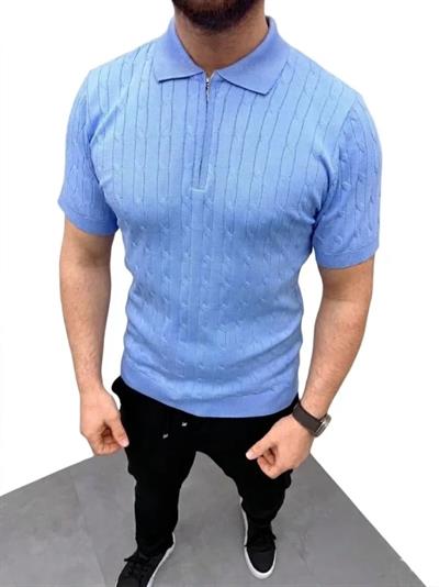 Erkek Yazlık Triko Saç Örgü Tişört Kısa Kol Polo Yaka Fermuarlı T-Shirt - Bebe Mavisi